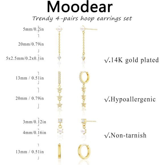 Dainty 14K Gold Plated 4 pearl drop chain Hoops Trendy Earring Set for Women - Picture 5 of 7